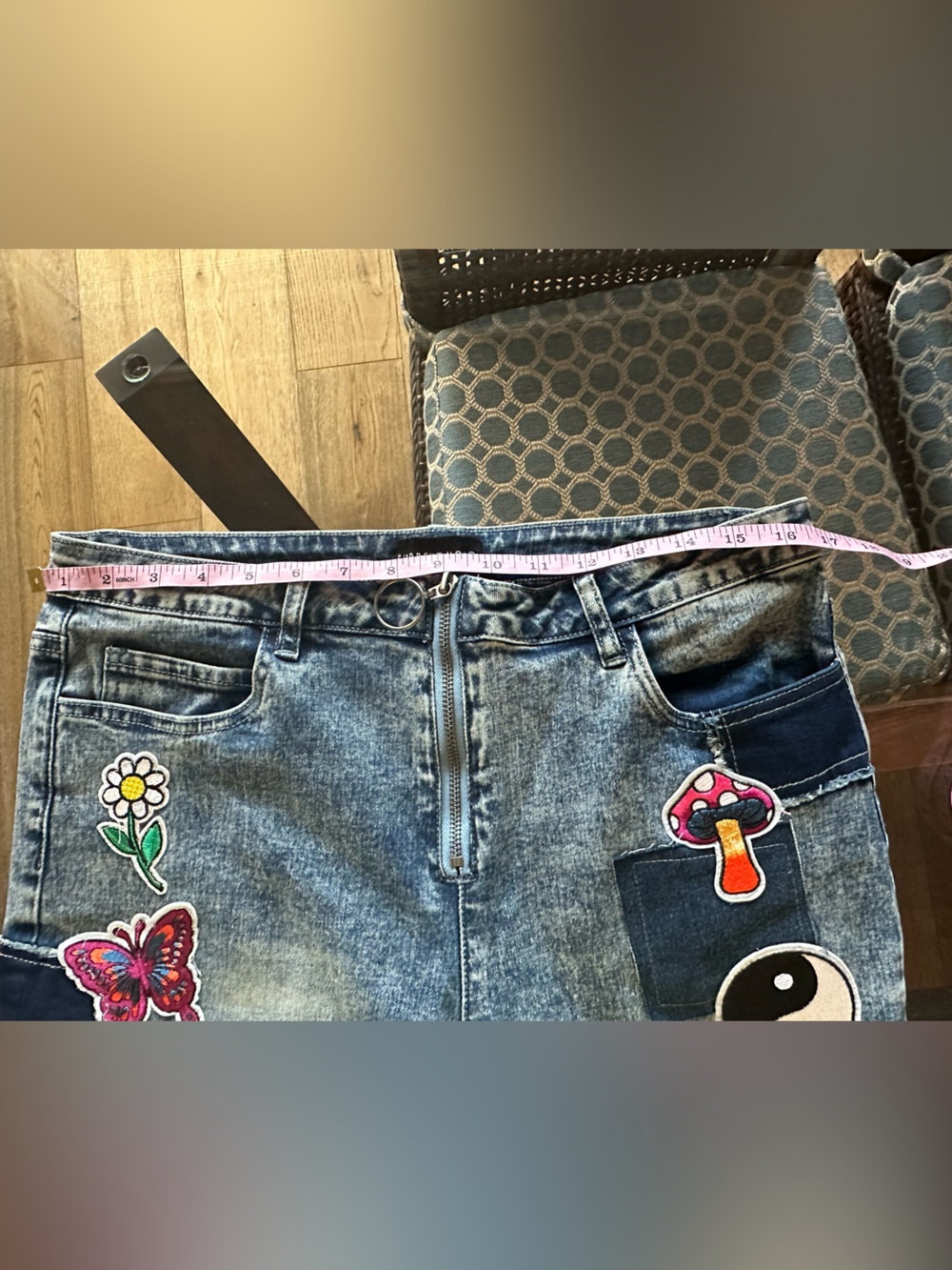 Dolls Kill Black-Grey Patchwork Flare Jeans with Colorful Appliqués NWT size XL - Picture 8 of 12